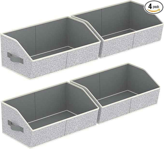 Storage Bins for Shelves - Large Trapezoid Closet Shelf Organizer, Fabric Organization Bins with Handles, Storage Baskets for Clothes, Towel, Purse, 4 Pack, Light Gray