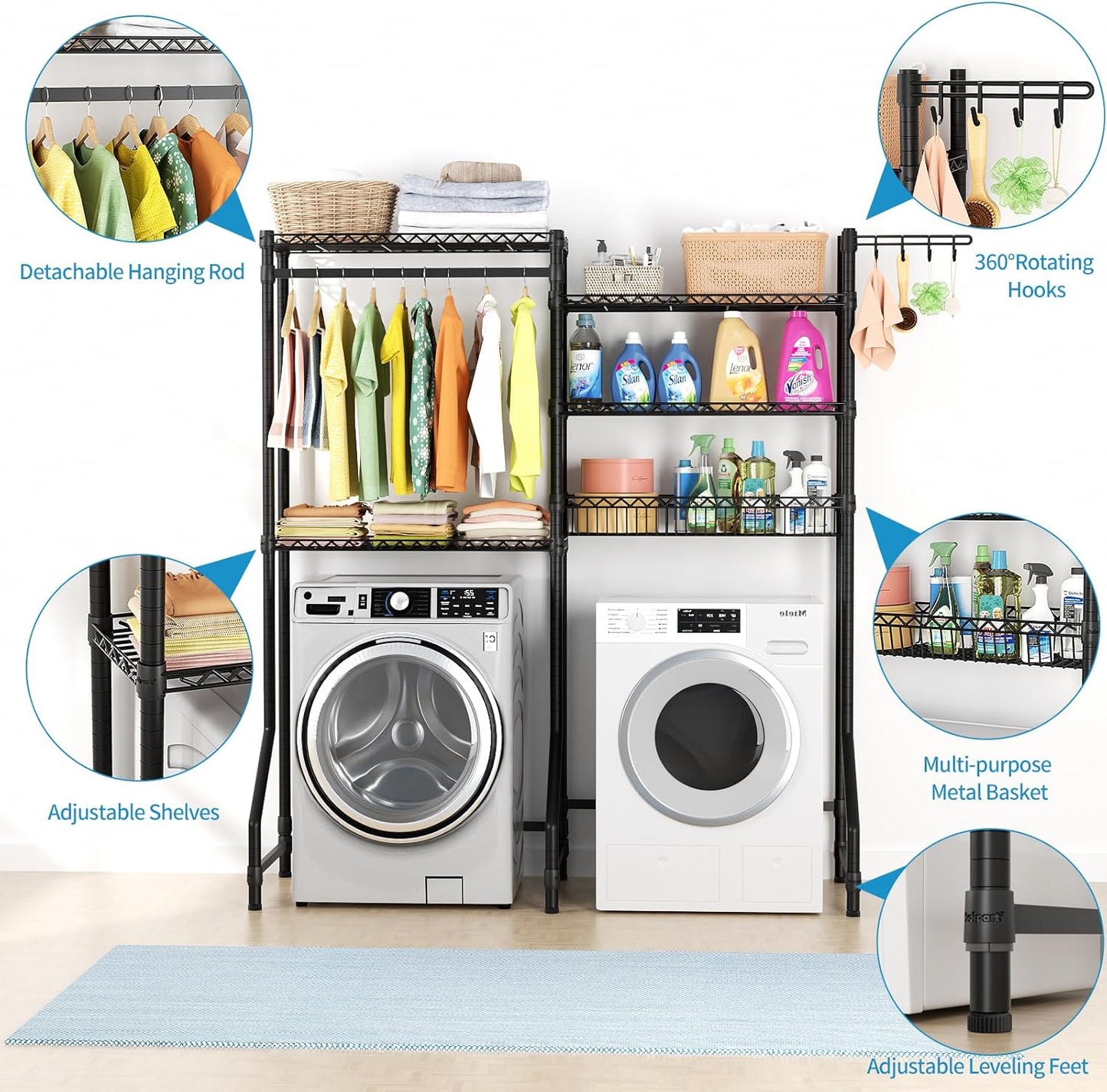 Over Washer and Dryer Shelves,Heavy Duty Laundry Room Storage Organization Clothes Drying Rack,5 Tier Adjustable Height Wire Shelving and Wire Basket with Hanger Rod&Hook,Space Saving Shelf - NestledHome