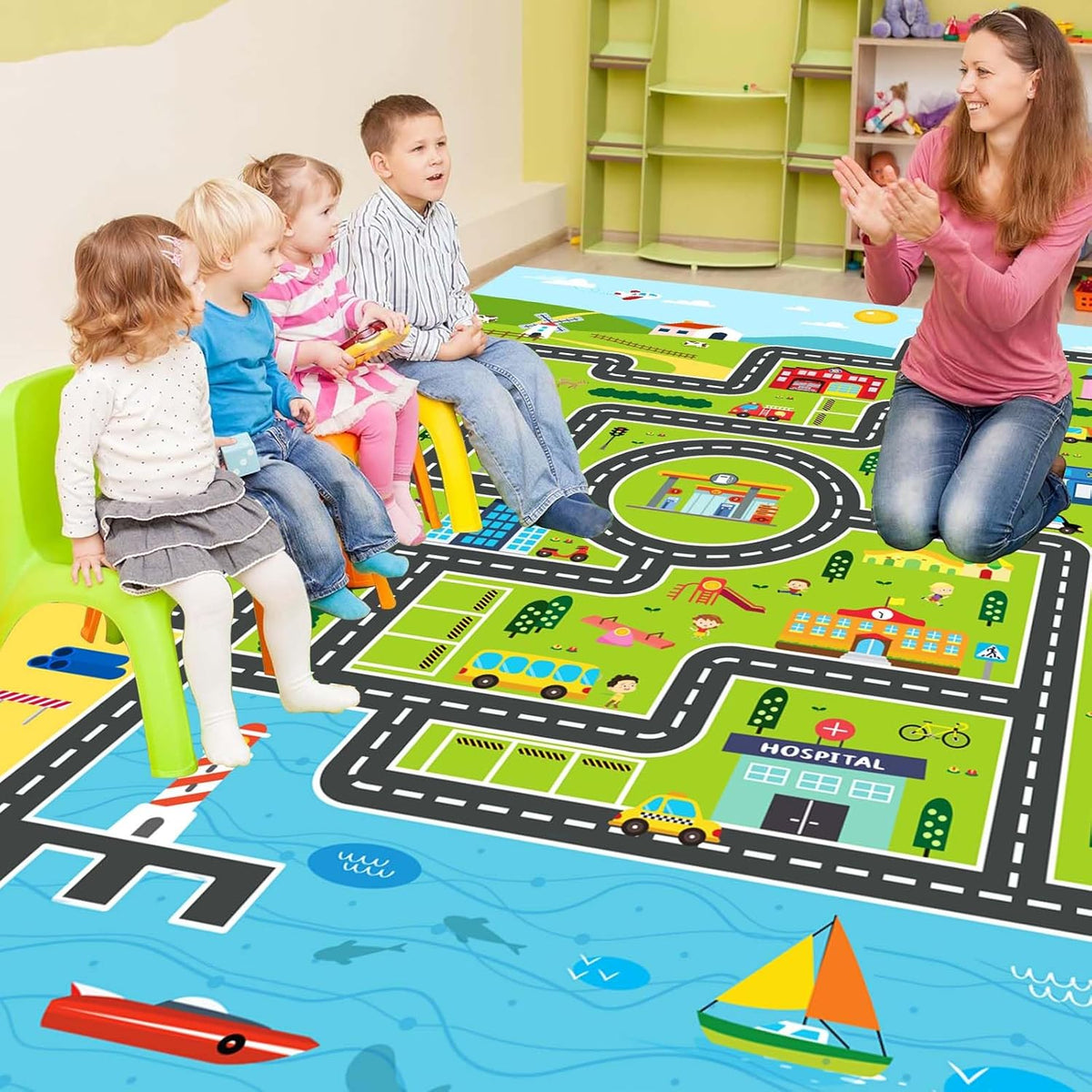 Kids Rug Playroom Car Rug Play Mat City Life Road Rugs Fun City Map for Kids Toy Cars Carpet for Bedroom Boys (Green-Rug, 6.6x9.8ft) - NestledHome