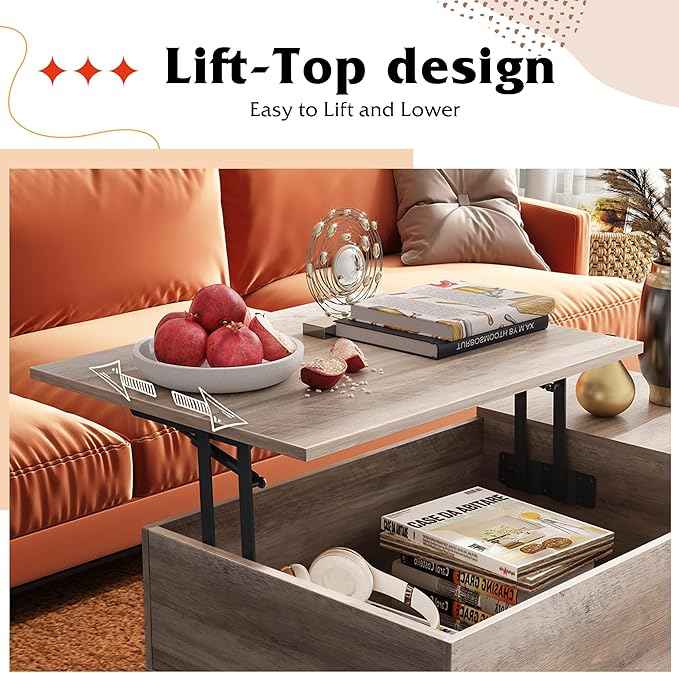 WLIVE Lift Top Coffee Table for Living Room,Small Coffee Table with Storage, Adjustable Shelf and Storage Compartment, Mid Century Modern Living Room Table, Greige