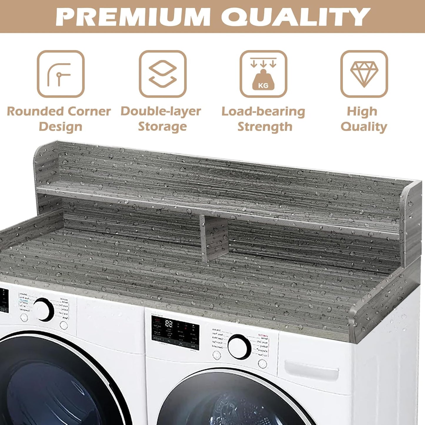 Royxen Laundry Countertop with 2-tier Shelf Universal Fit, Washer and Dryer Countertop with Storage Space, Shelf Height 11.5 Inches, Solid Wood, Eucalyptus - NestledHome