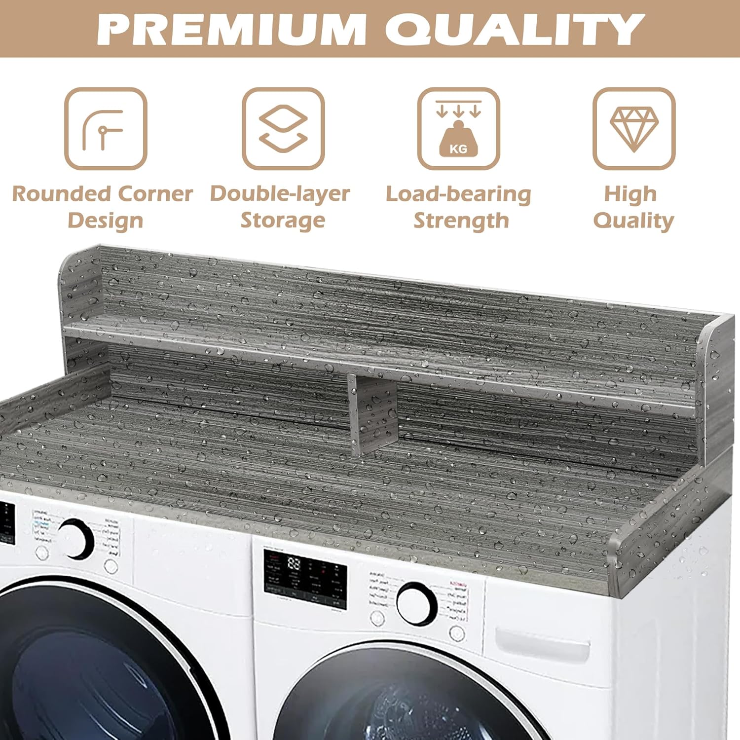 Royxen Laundry Countertop with 2-tier Shelf Universal Fit, Washer and Dryer Countertop with Storage Space, Shelf Height 11.5 Inches, Solid Wood, Eucalyptus - NestledHome