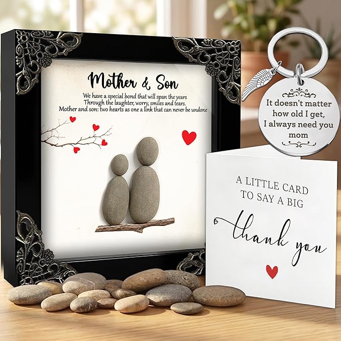 Mom Birthday Gifts from Son, 5.5" Pebble Art Frame Mother and Son Plaque, Mother Engraved Keychain for Women, Thank You Card, Best Mom Ever Gifts, Valentines Day Mothers Day Present S16-55