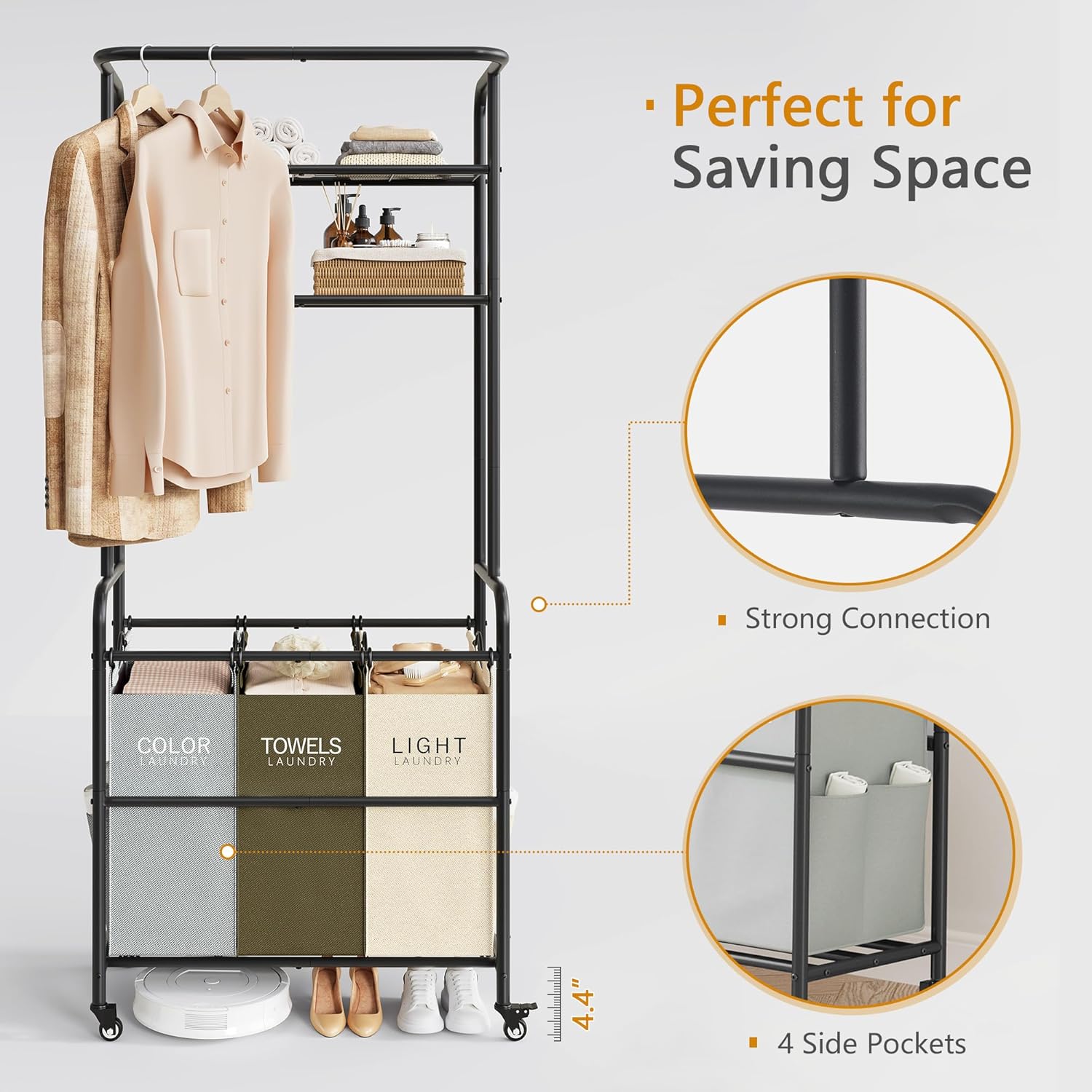 Laundry Sorter 3 Section,Laundry Hamper Cart with Hanging Rack & Removable Bags,Heavy Duty Laundry Basket Organizer with Wheels & 2 Tier Shelf,3 Colors - NestledHome