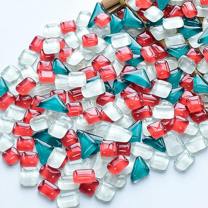 200g Glass Mixed Color Mosaic Tiles Mosaic Glass Pieces for Home Decoration or DIY Crafts, Square Triangle Rectangle Irregular Size (Red Green White Mix)