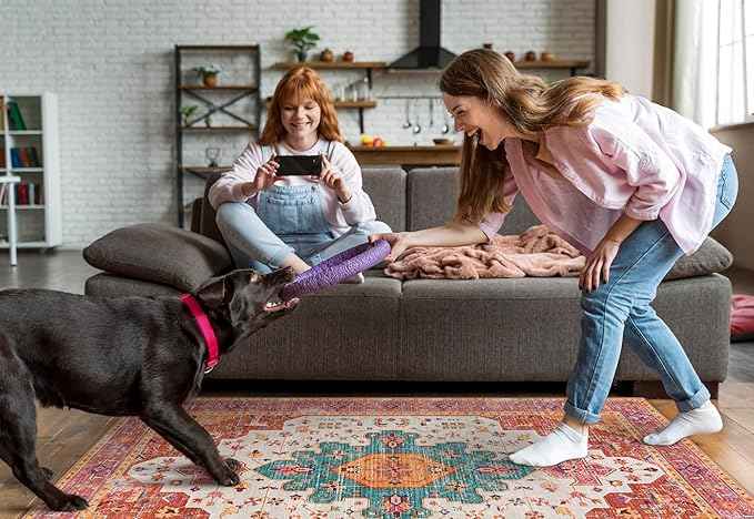 Moynesa Ultra-Thin Washable Area Rug - 4x6 Pink Rugs for Bedroom Girls Vintage Rug for Living Room, Non Slip Non Shedding Low Pile Indoor Throw Carpet for Nursery Office Entryway Kitchen Foyer