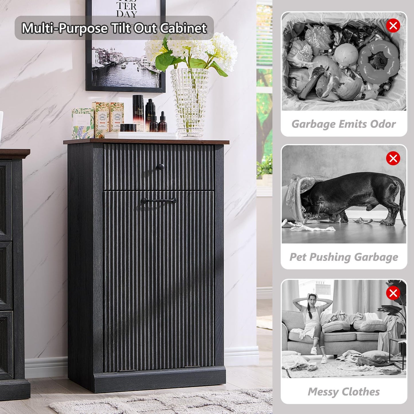 Modern Tilt-Out Trash Can Cabinet, 10 Gallon Fluted Laundry Hamper Cabinet with Drawers, Wooden Hidden Garbage Can Cabinets with Storage Basket, Free Standing for Kitchen and Living Room, Grey - NestledHome