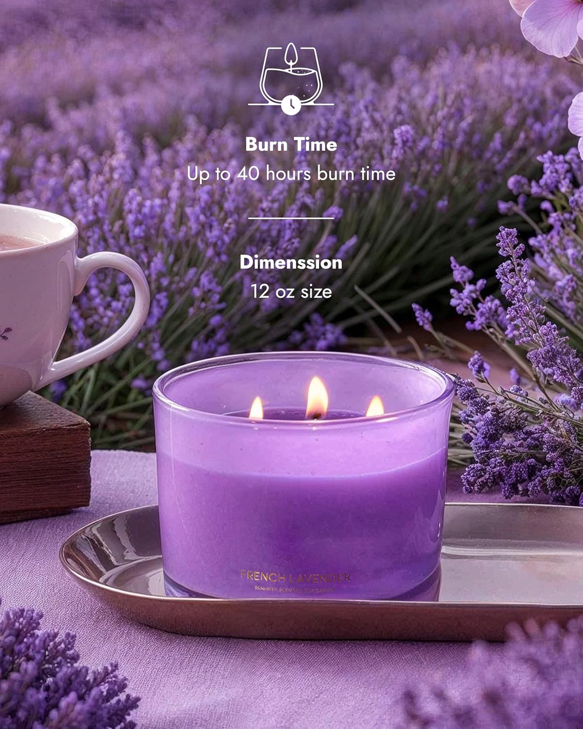 96NORTH Luxury Lavender Soy Candle | Large 3 Wick Jar Candle | Up to 50 Hours Burning Time | 100% Natural Soy Wax | Relaxing Aromatherapy Aesthetic Candle | Housewarming Gift for Women and Men - NestledHome
