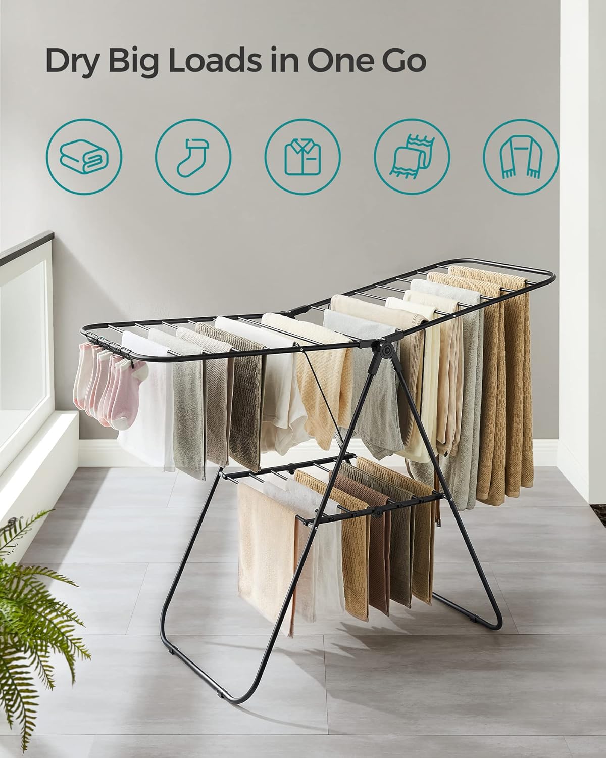 SONGMICS Clothes Drying Rack, with Sock Clips, Metal Laundry Rack, Foldable, Space-Saving, Free-Standing Airer, with 2 Height-Adjustable Gullwings, Indoor Outdoor Use, Black ULLR052B01 - NestledHome