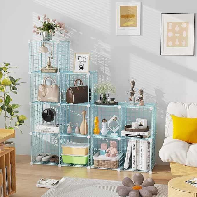 C&AHOME Wire Cube Storage, 12 - Cube Organizer Metal C Grids, Modular Shelves Units, Closet Organizer, Ideal for Home, Office, Living Room, 36.6”L x 12.4”W 48.4”H, Blue UWCS3012B