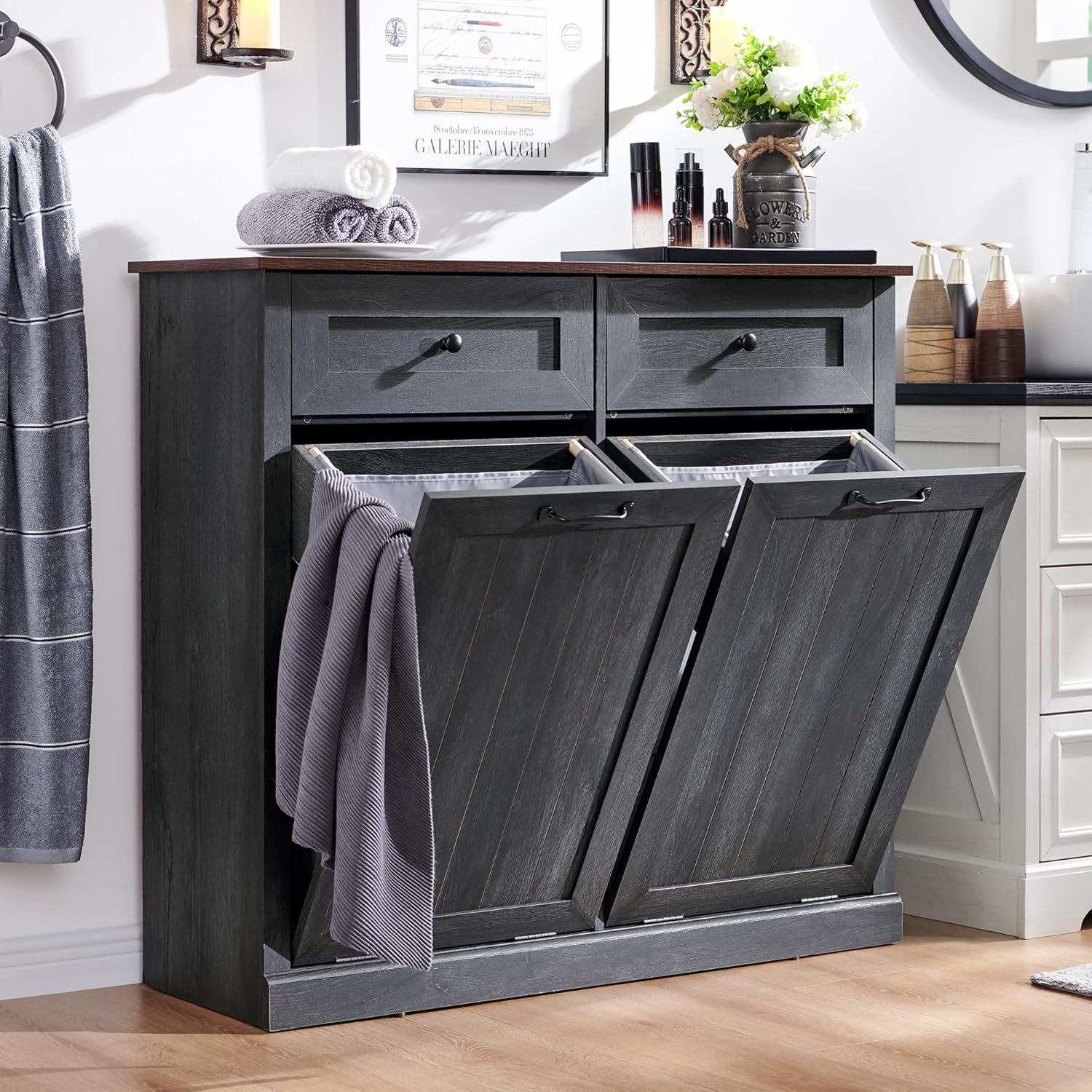 Double Tilt Out Laundry Hamper Cabinet, 20 Gallon Farmhouse Trash Can Cabinet with Drawer, Hidden Wood Garbage Can Bin Cabinet with Laundry Storage Basket for Bathroom, Kitchen, Dark Grey - NestledHome