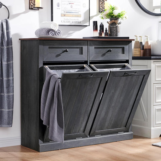 Double Tilt Out Laundry Hamper Cabinet, 20 Gallon Farmhouse Trash Can Cabinet with Drawer, Hidden Wood Garbage Can Bin Cabinet with Laundry Storage Basket for Bathroom, Kitchen, Dark Grey - NestledHome
