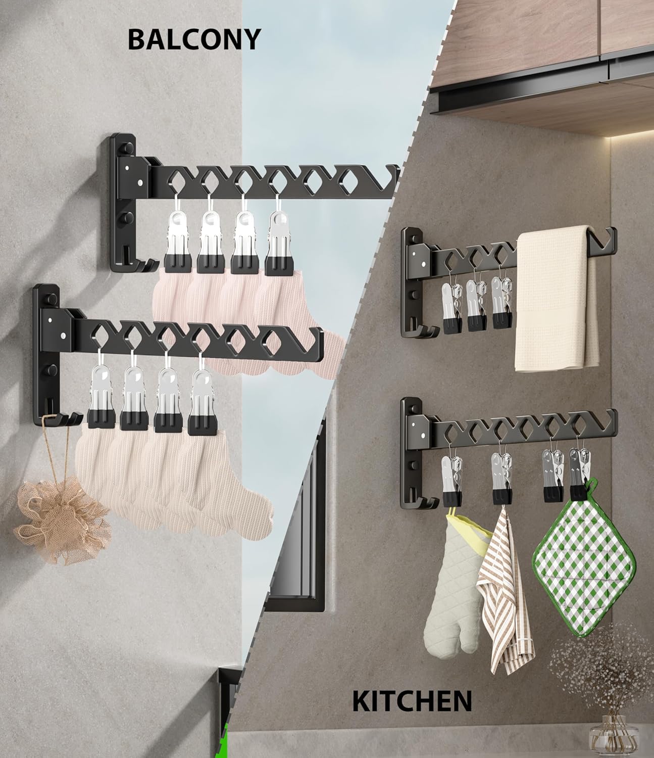Wall Mount Coat Hanger Holder Black Clothes Drying Organizer Rack Garment Hooks Aluminium Retractable Folding Indoor Wall Mounted Hanger Space Saver for Laundry Room Bedroom Black 2 Pack with 8 Hooks - NestledHome