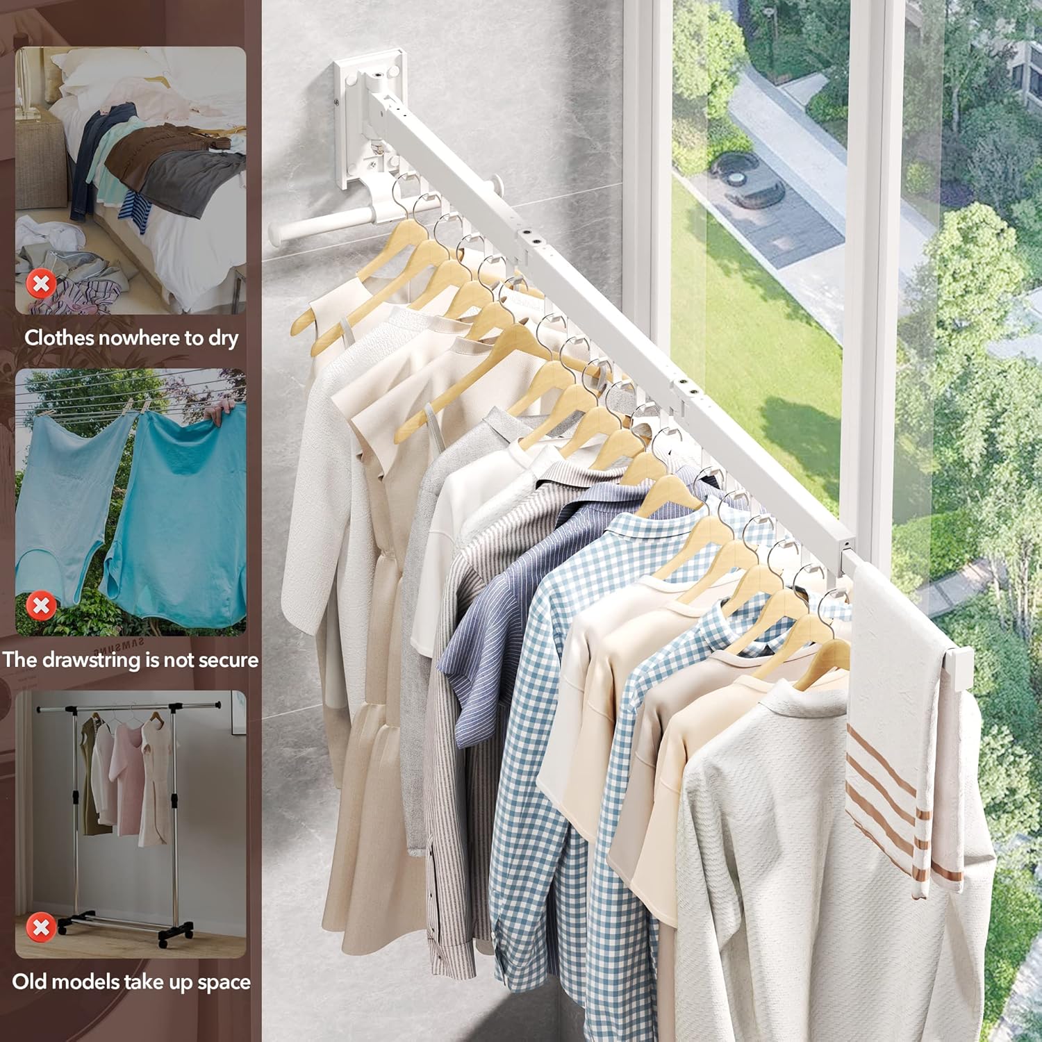 Clothes Drying Rack,Laundry Drying Rack Wall Mount, Wall Mounted Clothes Rack,Retractable,Collapsible(Tri-Fold),Drying Rack Clothing,can Fold Upward & Left & Right,Space Saver, White Color - NestledHome