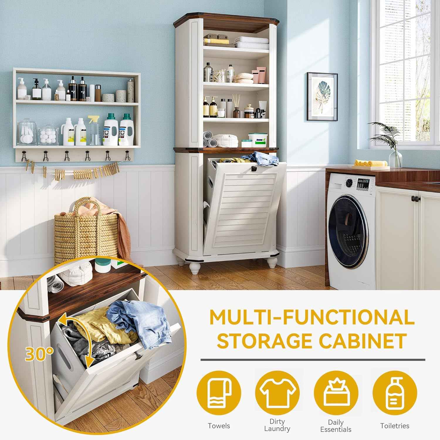 DWVO Tilt Out Laundry Hamper, Farmhouse 4-Tier Storage Cabinet with Removable Laundry Basket, Laundry Hamper Organizer with 2 Adjustable Shelves for Laundry Room, Bathroom, White - NestledHome