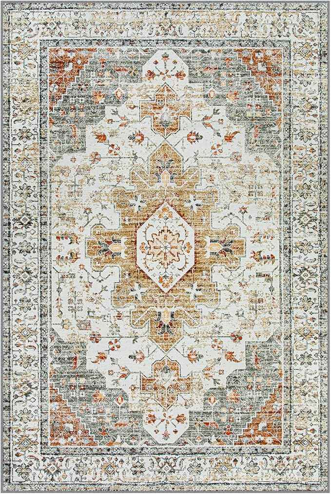 Moynesa Ultra-Thin Washable Area Rug - 4x6 Vintage Living Room Rugs Non-Shed Non Slip, Oriental Low Pile Indoor Accent Floor Carpet for Bathroom Bedroom Laundry Mudroom Entrance, Beige/Gold