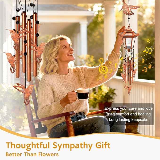 2 Pack Solar Hummingbird Wind Chimes, Gifts for Women Mom Grandma Wife Sister Daughter Neighbor, Classic Bronze Wind Chimes with Wind Catcher, Solar Decor Lights for Outdoor Garden Patio Porch Window