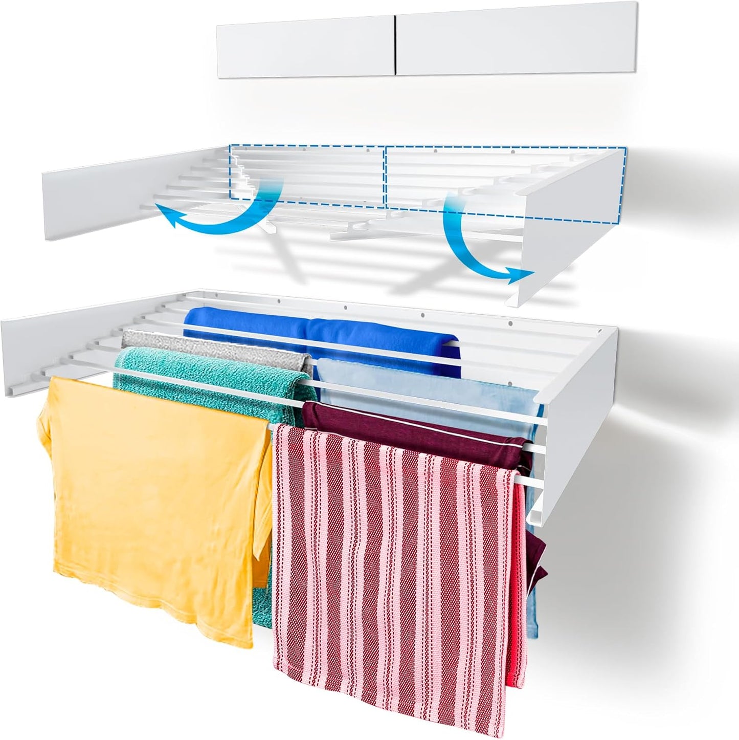 Step Up Laundry Drying Rack (Extra Large: 47 Inches, 12 Lbs), Wall Mounted, Retractable Clothes Drying Rack, 70lbs Capacity, 27 Linear Ft, with Wall Template and Long Drill Bit (47" White) - NestledHome