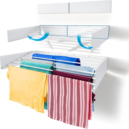 Step Up Laundry Drying Rack (Extra Large: 47 Inches, 12 Lbs), Wall Mounted, Retractable Clothes Drying Rack, 70lbs Capacity, 27 Linear Ft, with Wall Template and Long Drill Bit (47" White) - NestledHome