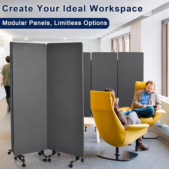 Office Dividers Partition Wall, 72" X 66" Soundproof Room Divider with Wheels, 3 Panel Soundproof Partitions for Office Wall, Portable Temporary Walls Acoustic Walls Divider, Dark Grey
