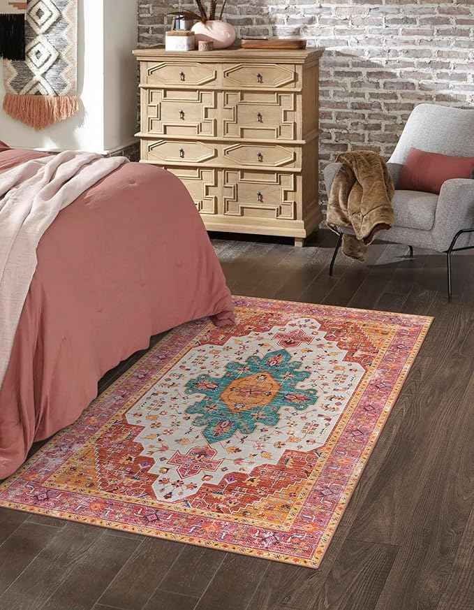 Moynesa Ultra-Thin Washable Vintage Area Rug - 3x5 Boho Girls Bedroom Non-Slip Non-Shedding Oriental Medallion Living Room Mat Indoor Carpet for Office Nursery Room, Pink/Teal/Multi