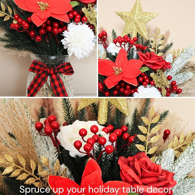 RyddeligHome Christmas Centerpieces for Tables in July, Holiday Table Decor, 100pcs Christmas Floral Arrangements in Vase, Pottery Xmas Decorations, Artificial Poinsettia Red Berry Pine Branches