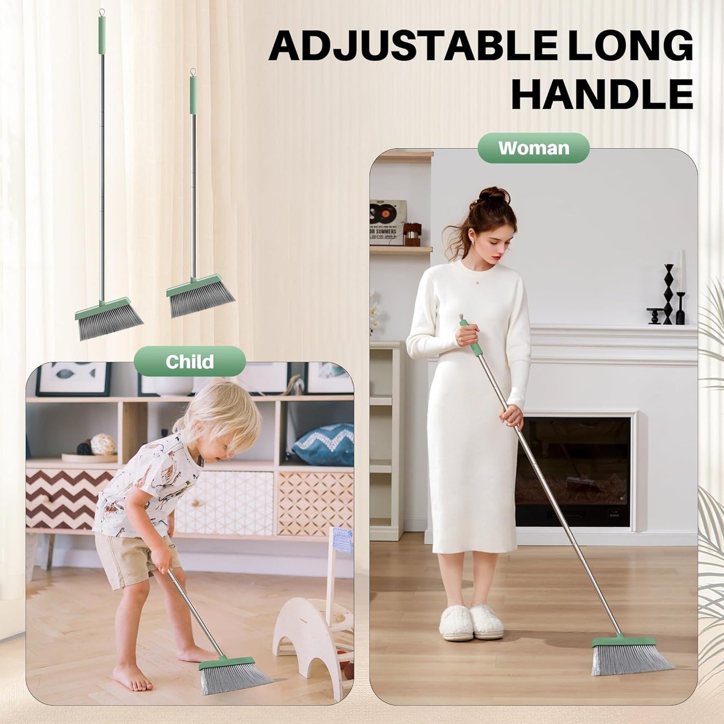 JOYMOOP Dark Teal Green Broom and Dustpan Set with 56” Handle, Upright Angle with Comb Teeth for Pet Hair and Hardwood Floors - NestledHome