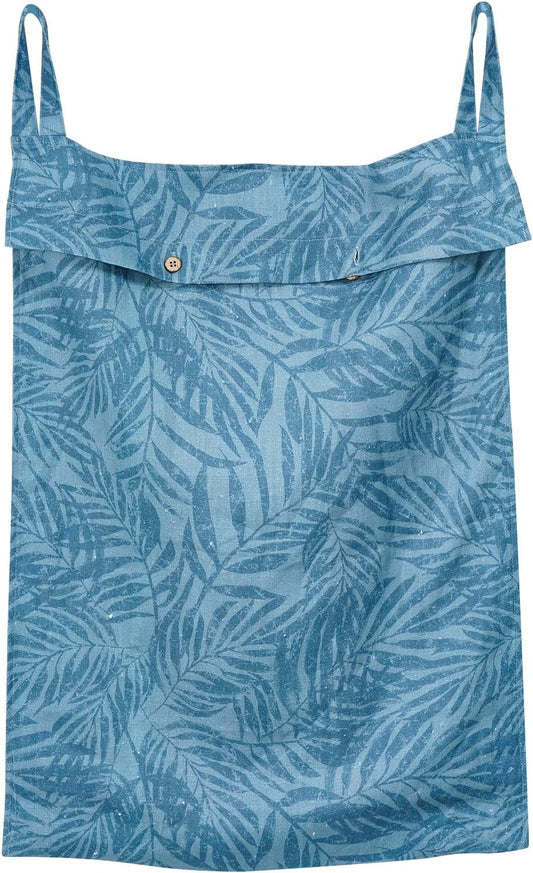 Linen Hanging Laundry Bag, 100% Linen Leaf Print Over The Door Laundry Hamper with Buttons and Zipper, Space Saving Door Hampers for Laundry Dirty Clothes Home Travel, Blue, 19.7x27.5inches - NestledHome