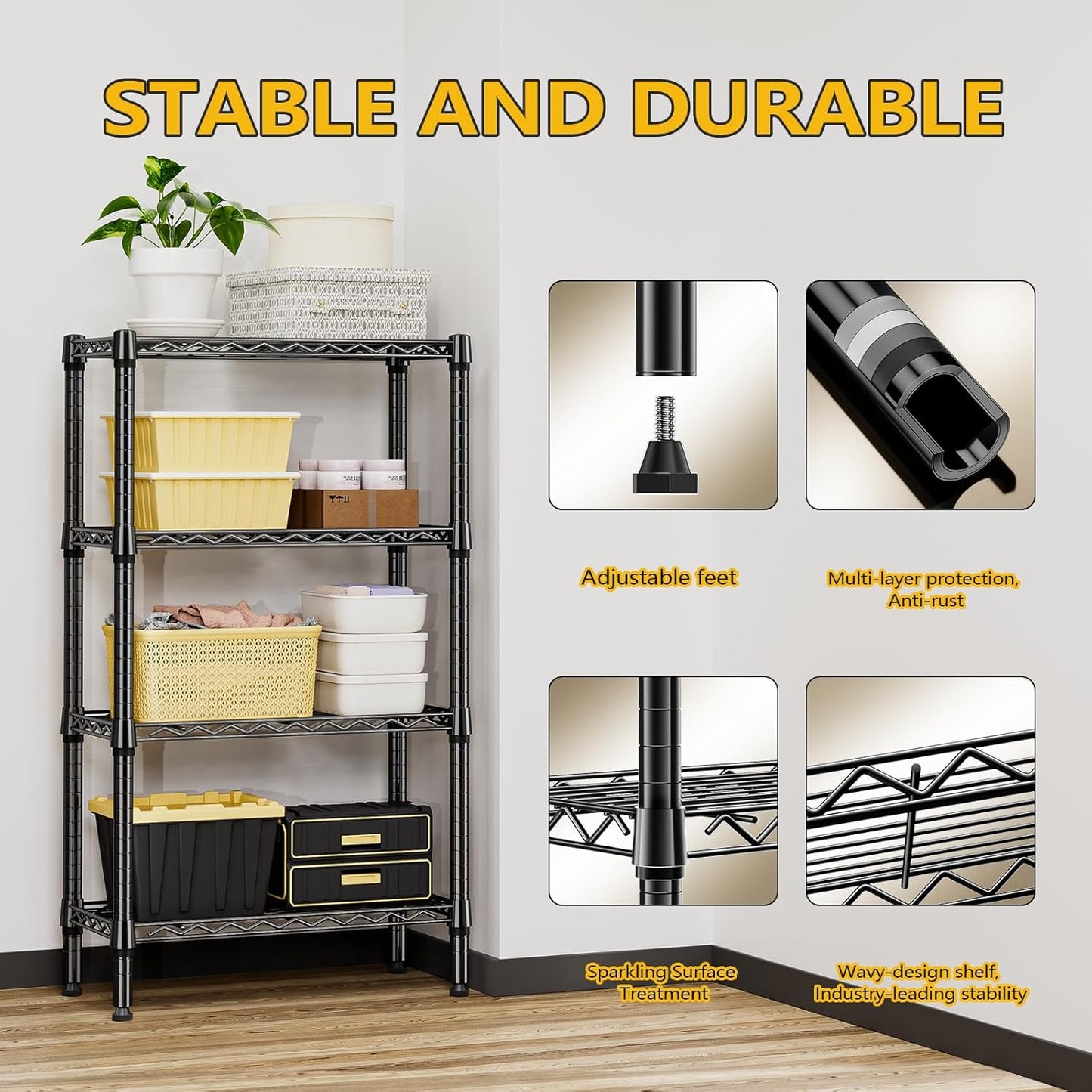 1000 lbs 4 Tier Shelf Metal Storage Shelves Wire Rack Closet Organizers for Garage Kitchen Bathroom Laundry Black 11.8" D x 25.6" W x 45.5" H - NestledHome