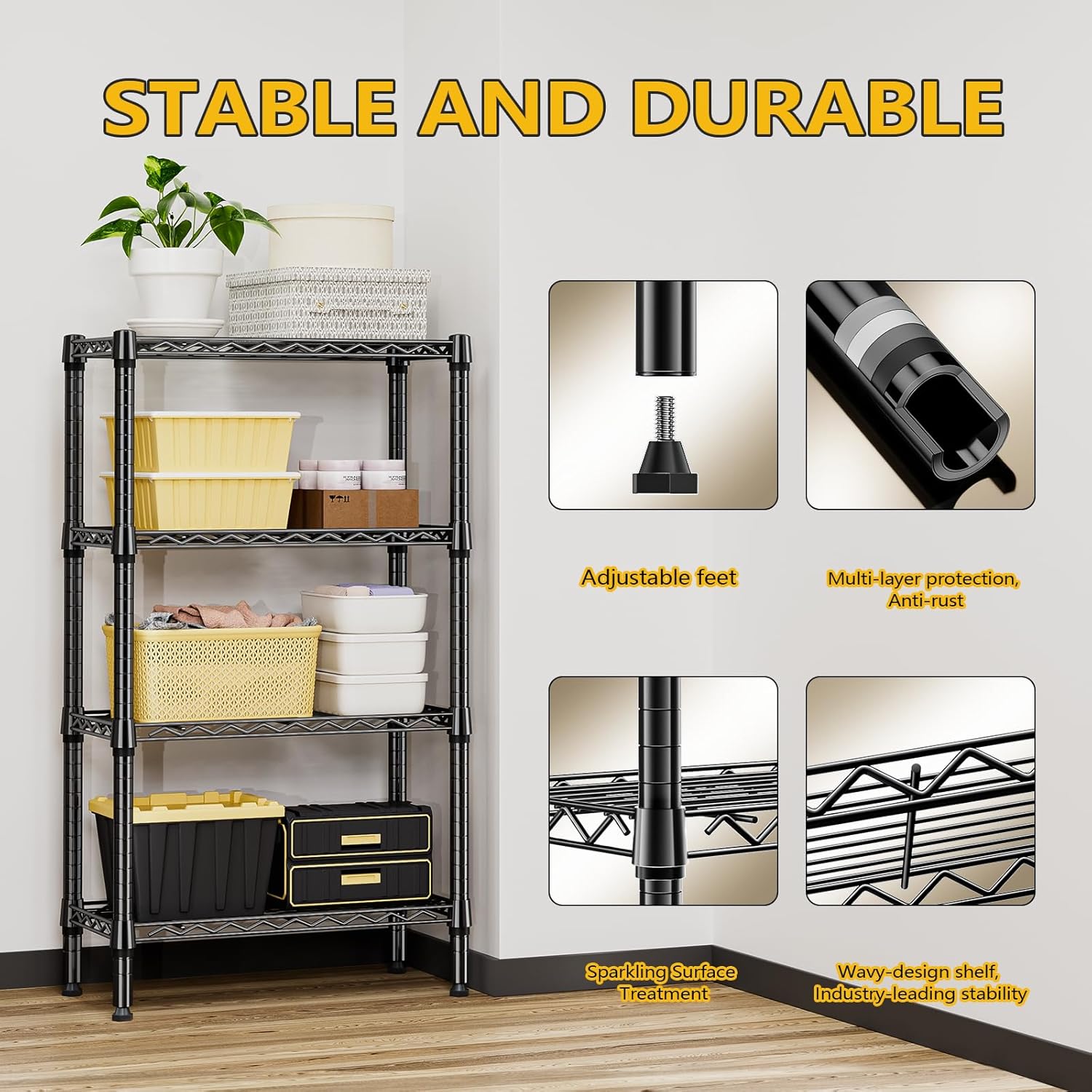 1000 lbs 4 Tier Shelf Metal Storage Shelves Wire Rack Closet Organizers for Garage Kitchen Bathroom Laundry Black 11.8" D x 25.6" W x 45.5" H - NestledHome