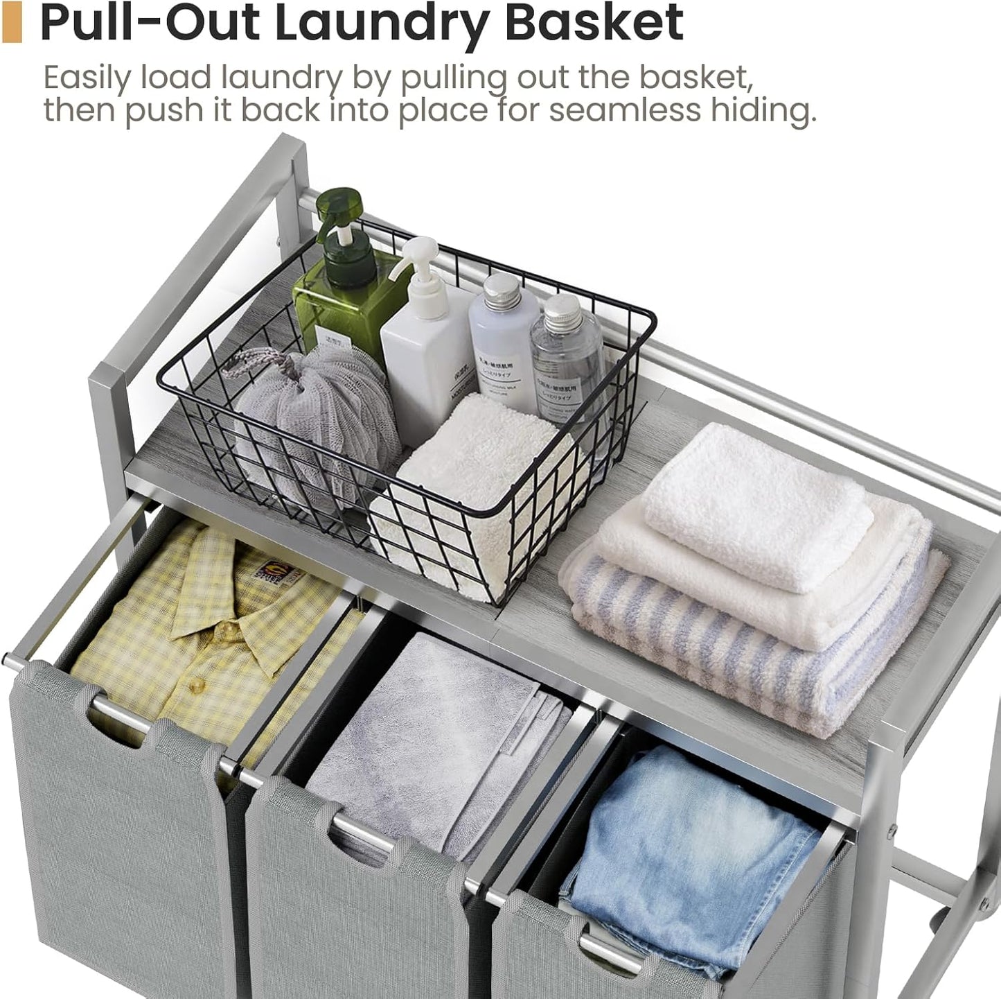 Laundry Hamper, Laundry Basket, Laundry Sorter with 3 Removable Bags, Clothes Basket with 3 Compartments, Wheels, Shelf for Laundry Room Bathroom Bedroom (3 Bags-Gray) - NestledHome