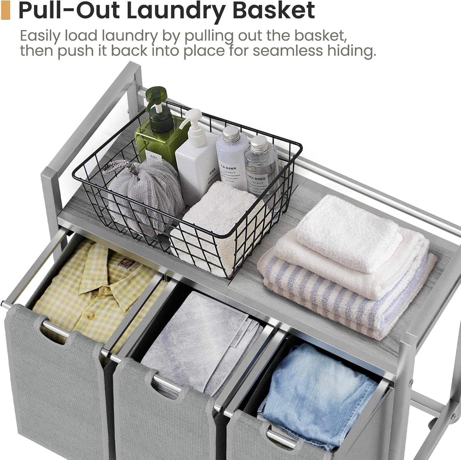 Laundry Hamper, Laundry Basket, Laundry Sorter with 3 Removable Bags, Clothes Basket with 3 Compartments, Wheels, Shelf for Laundry Room Bathroom Bedroom (3 Bags-Gray) - NestledHome