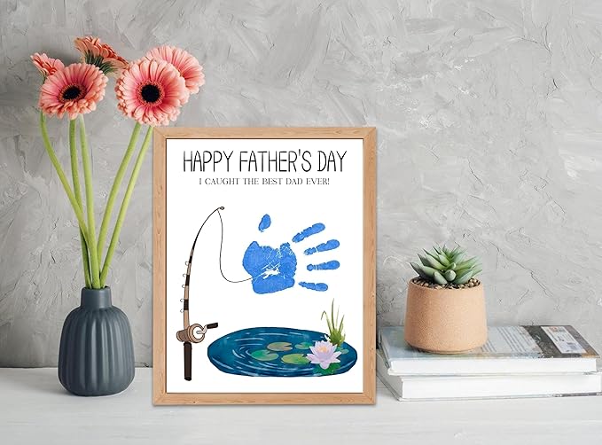 NZSXU I Caught The Best Dad Ever Handprint Craft DIY Kit, 10 Bulk Fathers Day Cards, 8.5x11 DIY Handprint Keepsake Art for Classroom Family Activity, Personalized Gifts for Dad from Daughter & Son