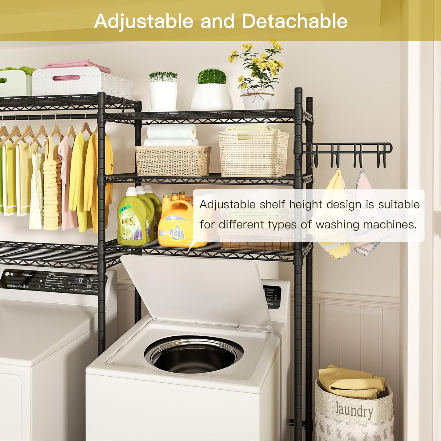 Ulif U5 Over the Washer and Dryer Storage Shelf, Laundry Room Space Saver Bathroom Storage and Organizer Rack for Hanging Towels and Drying Clothes with 5 Wire Shelves, 58.2"W x 13.4"D x 77.5"H, Black - NestledHome