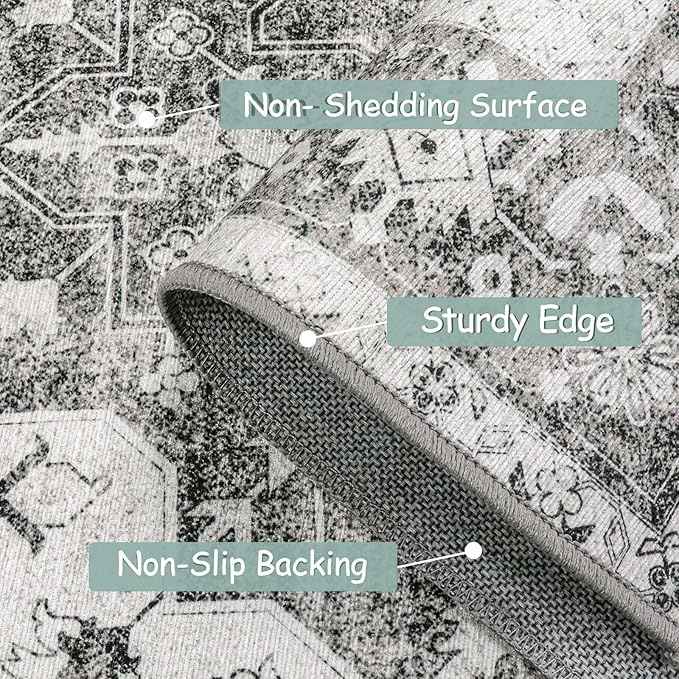 Moynesa Ultra-Thin Washable Area Rug - 5x7 Large Gray Rug for Living Room Vintage Rugs for Bedroom, Non Slip Non Shedding Pet Friendly Dining Room Mat Carpet for Department Office Kitchen