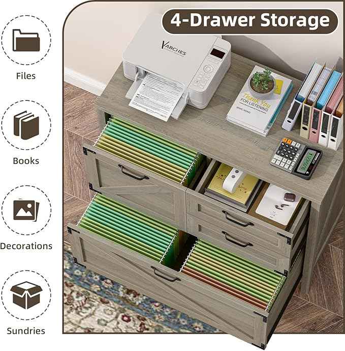 Wood Lateral File Cabinet with 4-Drawer for Hanging Files Letter/A4/Legal Size, Large Farmhouse Filing Cabinets for Home Office, Printer Stand with Office Cabinet, Office Furniture, Rustic Grey