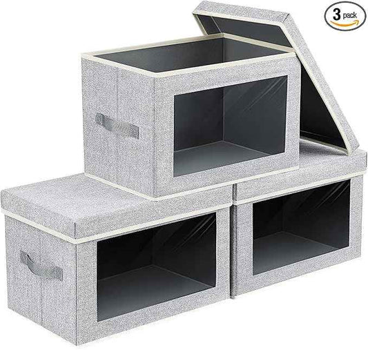 Fabric Storage Bins with Lids - 3 Packs Storage Cubes with Window, Foldable Storage Baskets Bins for shelves, Closet Storage Boxes for Towels, Clothes, Home, Office, Blended
