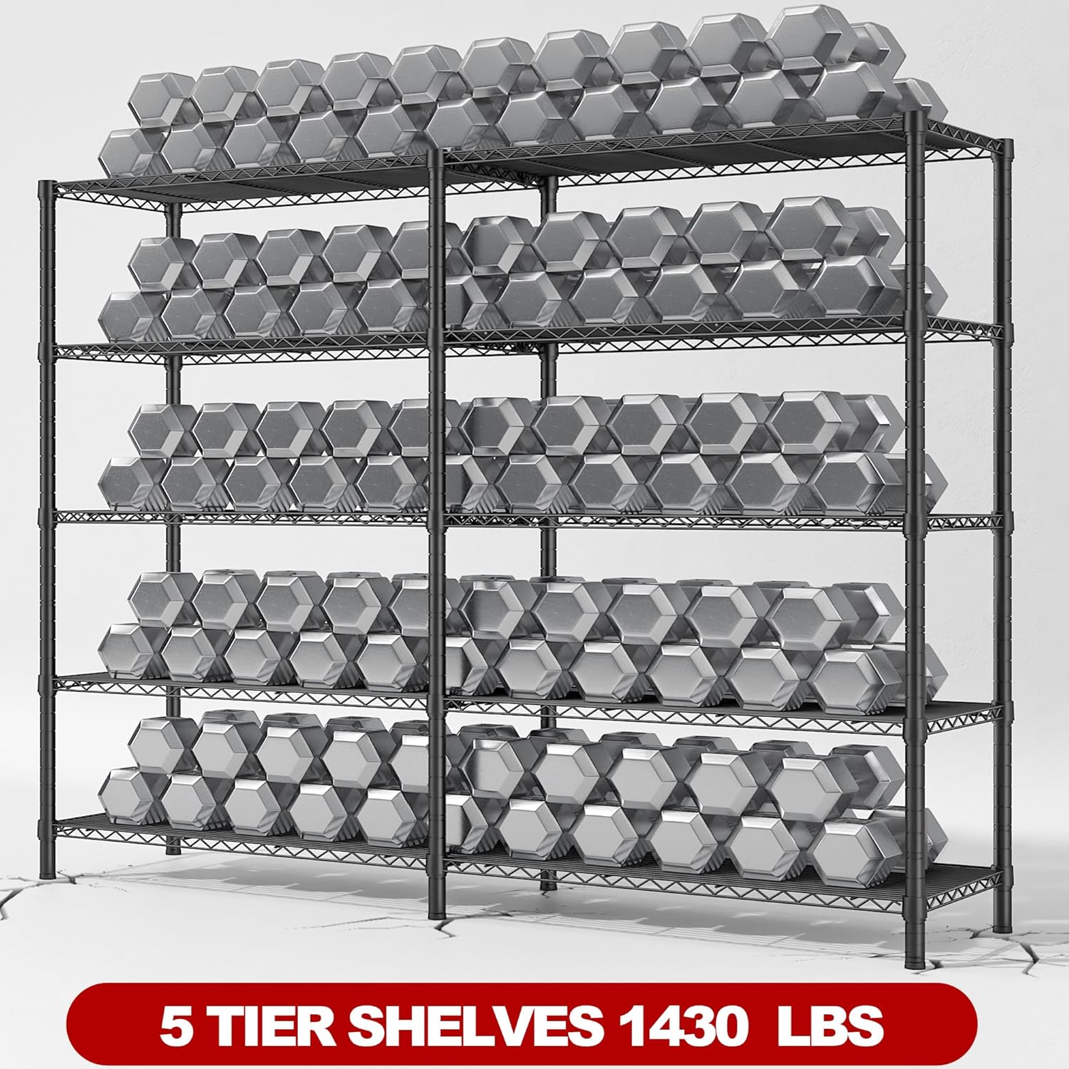 REIBII 5 Tier Wire Shelving Storage Shelves Loads 1430LBS, 58" W Metal Shelving Unit for Storage Adjustable Heavy Duty Garage Shelving Pantry Shelves Kitchen Shelving, Black, 2 Pack - NestledHome