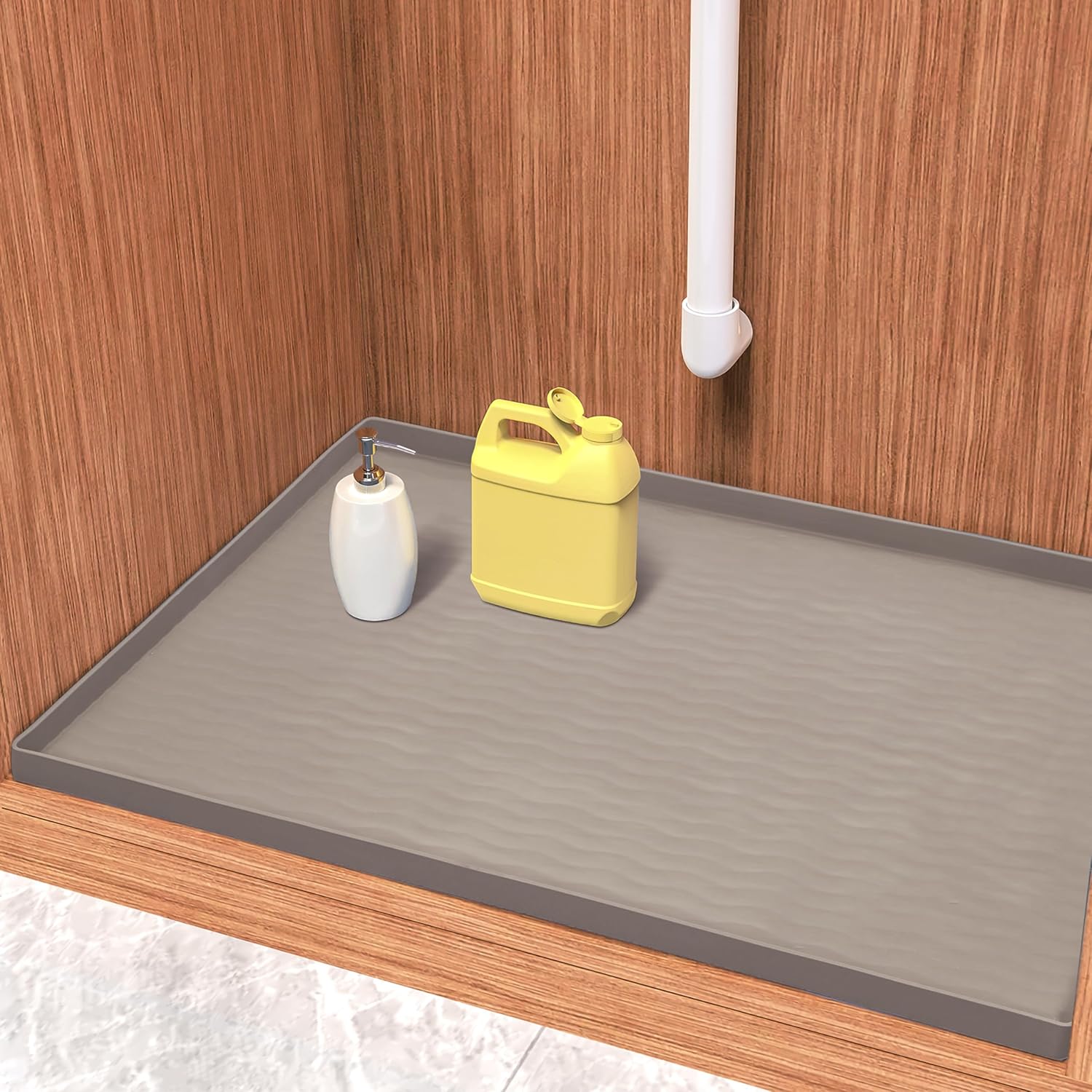 URMONA Waterproof Silicone Under Sink Mat 19'' x 12'' Shelf Liner for Kitchen and Bathroom, Cabinet and Counter Protector, Storage and Organizers, Litter Mat, Pet Cat Puppy Essentials(Beige) - NestledHome