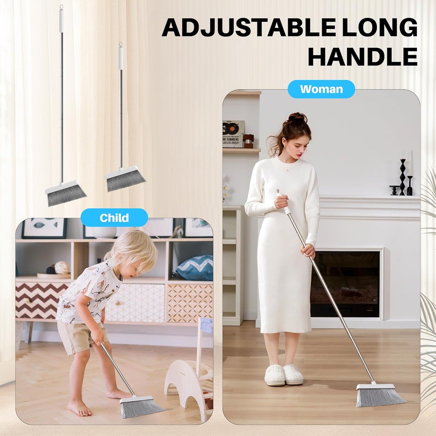 JOYMOOP White Broom and Dustpan Set, Upright Angle Design with Built-in Comb Teeth for Kitchen, Office, Pet Hair, Hard Floors - NestledHome