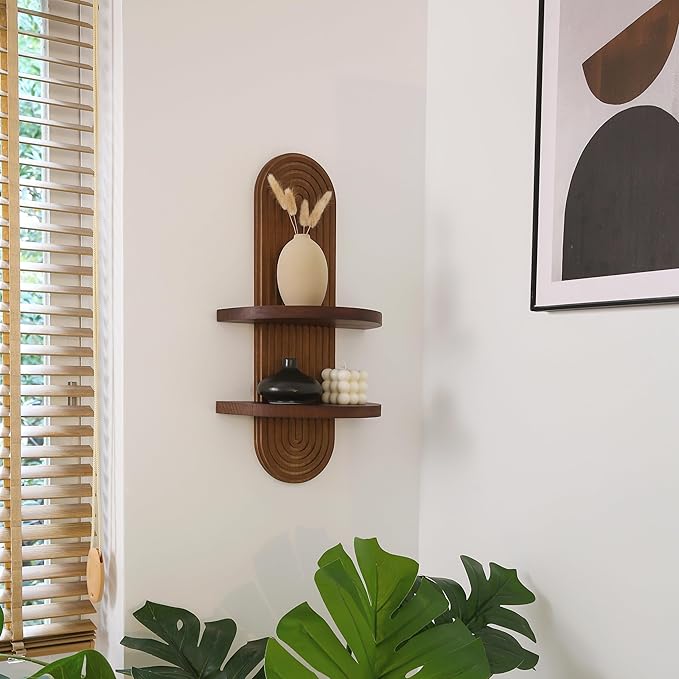 Modern Wall Shelf with Arched Wood Design Mid-Century Double Floating Rainbow Shelves for Indoor Decoration Holding Planter Ornaments, 22 x 11.6 Inch (Walnut)