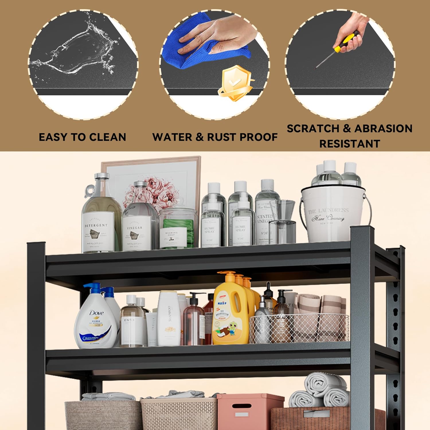 Over The Washer and Dryer Storage Shelf with Baskets, Multi Functional Storage Rack Storage Shelf Organizer Black for Laundry Room,Suit Washing Machine Width Within 32.6", Hold 500 lb, Black - NestledHome