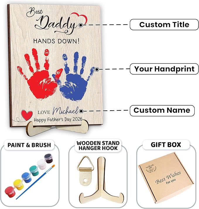 Personalized Hands Down Best Dad Ever Handprint Kit with Paint, Family Craft Wooden Sign, Fathers Day Handprint Plaque Keepsake, Mothers Day Birthday Gift for Mom, Grandma, Nana, Aunt