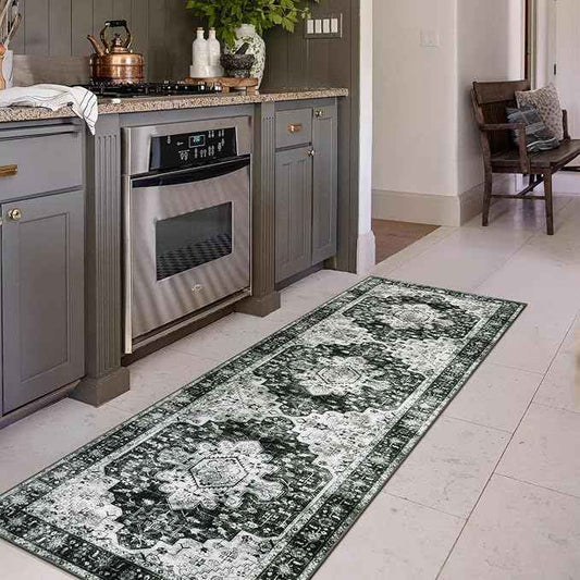 Moynesa Ultra-Thin Washable Vintage Runner Rug - 2'6"x8 Hallway Runner Non-Slip Non-Shedding Stain Resistant Kitchen Mat Boho Oriental Medallion Laundry Carpet for Entrance Bedside, Black/White