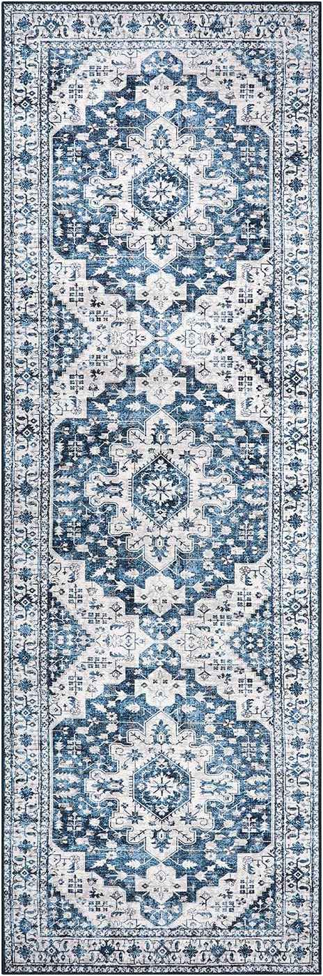 Moynesa Blue Vintage Floral Medallion Runner Rug, 2'6" x 8', Machine Washable, Non-Slip, Pet Friendly, High-Traffic Areas