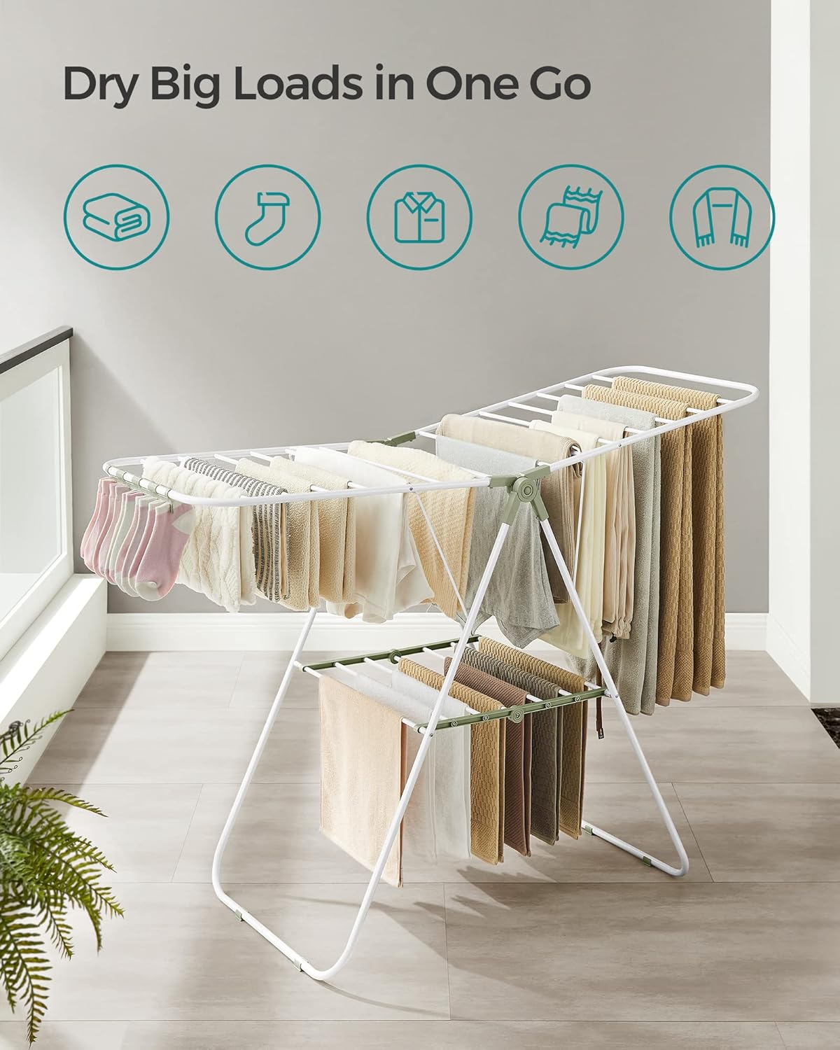 SONGMICS Clothes Drying Rack, with Sock Clips, Metal Laundry Rack, Foldable, Space-Saving, Free-Standing Airer, with 2 Height-Adjustable Gullwings, Indoor Outdoor Use, White and Green ULLR052C01 - NestledHome