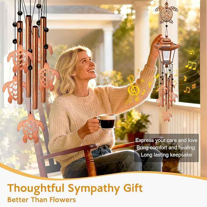 Large Solar Turtle Wind Chimes, Gifts for Women Mom Grandma Wife Sister Daughter Neighbor, Classic Bronze Wind Chimes with Wind Catcher, Solar Decor Lights for Outdoor Garden Patio Yard Porch Window