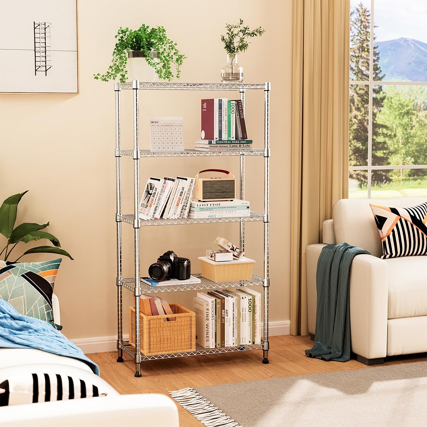 MZG 1750 lbs 5 Tier Storage Rack Metal Wire Shelving Unit, Storage Standing Household Shelf Organizer for Kitchen Pantry Closet Garage Basement Utility Room, Chrome 15.8" D x 45.3" W x 70.4" H - NestledHome