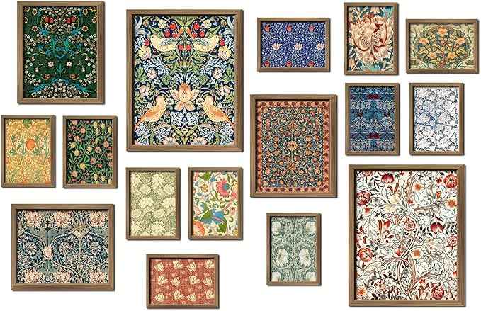 ANERZA 16 PCS Framed William Morris Wall Art Decor, Floral Wall Prints for Bedroom, Gallery Wall Frame Set, Vintage Posters for Living Room Aesthetic, Botanical Collage Kit, Dorm Home Artwork