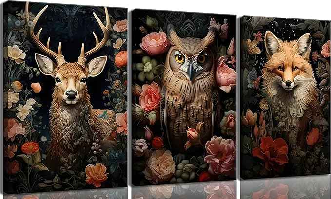 Magical Forest Animal Canvas Wall Art Flowers And Wild Animals Prints Wall Decor Dark Cottagecore Posters Gothic Vintage Botanical Floral Painting Picture Nature Room Decor Bedroom Decoration Framed